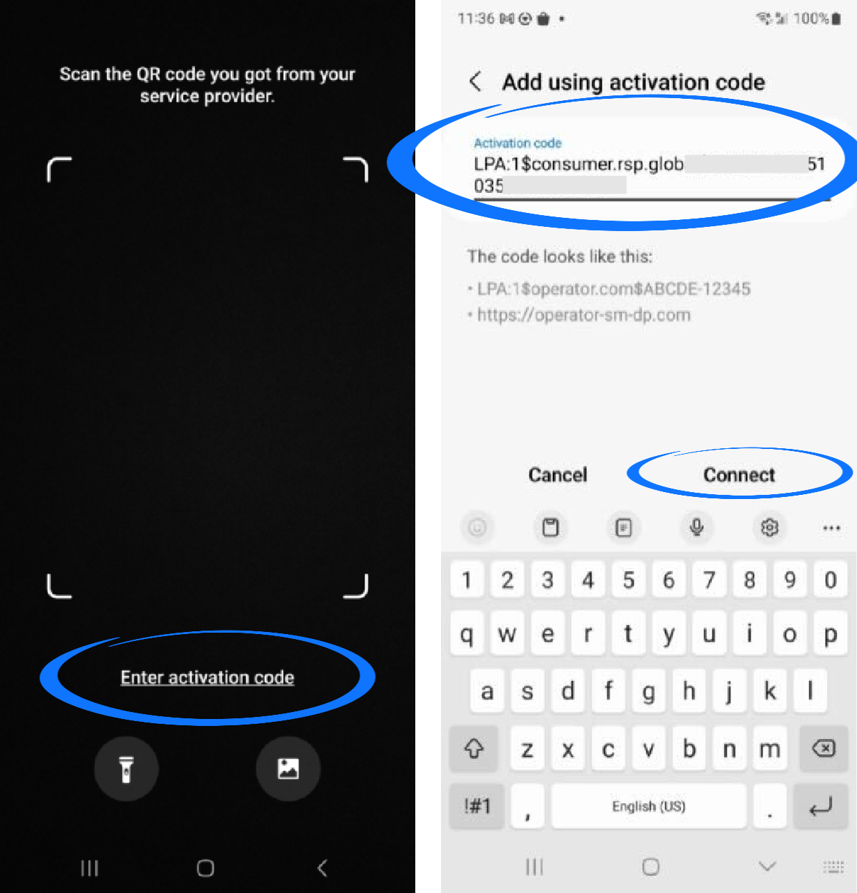 aloSIM app Samsung Enter Activation Code Add Using Activation Code.png