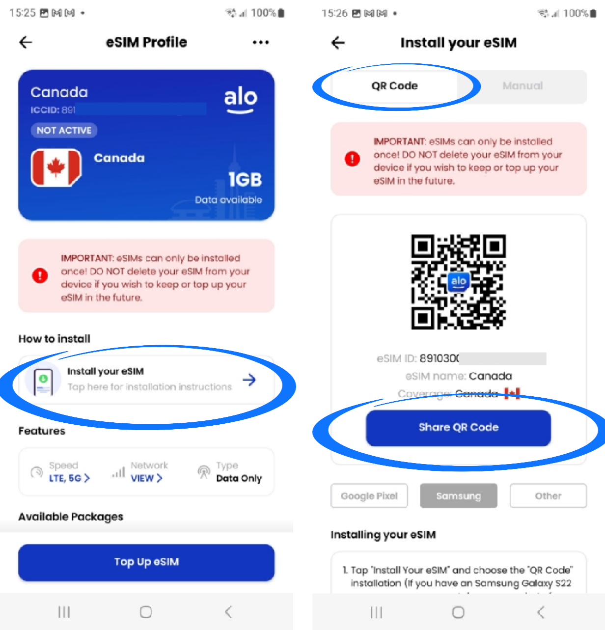 aloSIM app Install your eSIM QR code method Share QR code.png